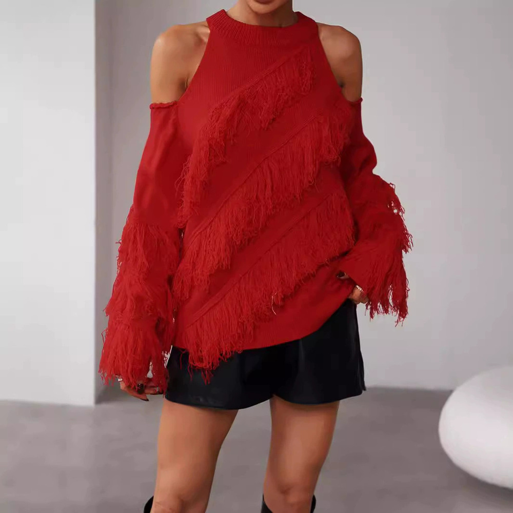 Forever 21 Off Shoulder Long Tassel Red Christmas Sweater